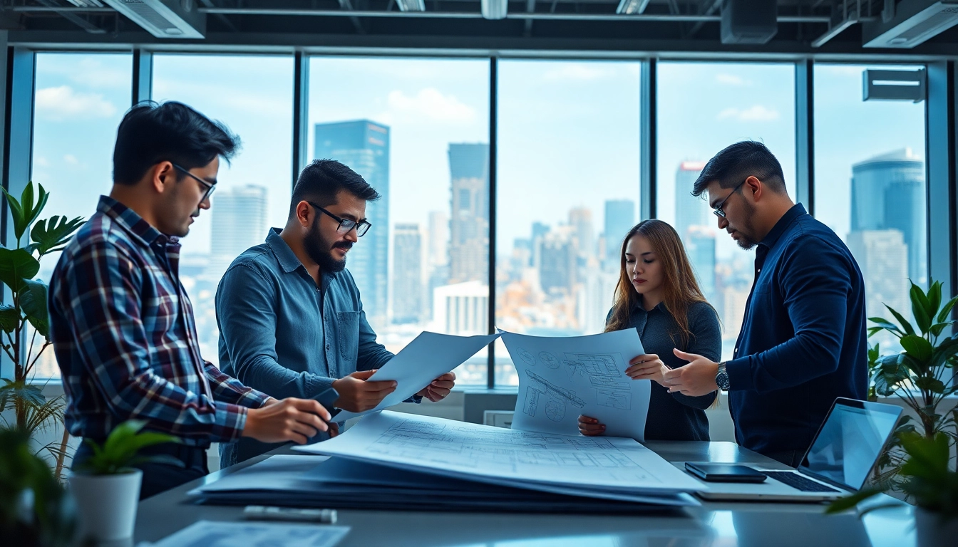 Engineers engaging in design and engineering discussions in a modern workspace.