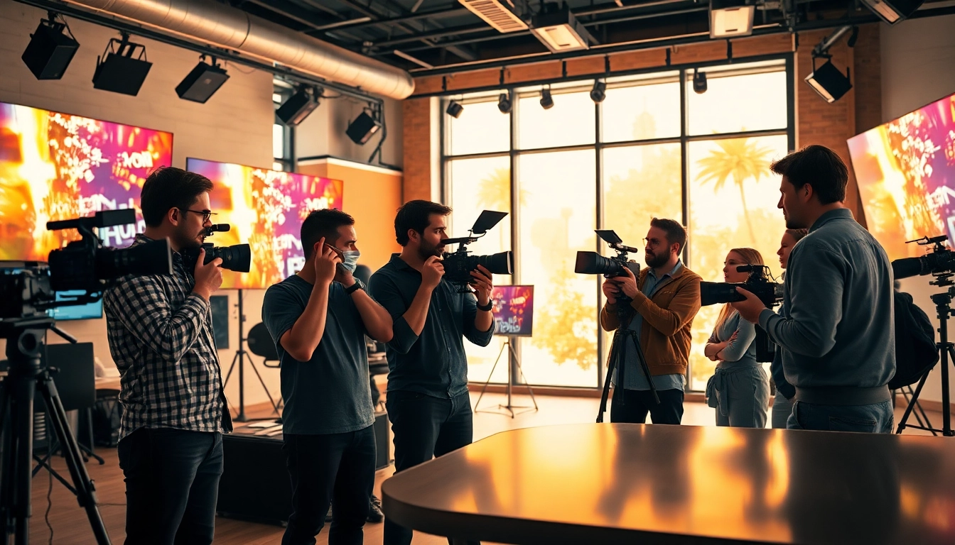 Showcasing a diverse team collaborating in a Creative Video Production Agency setting with cameras and screens.