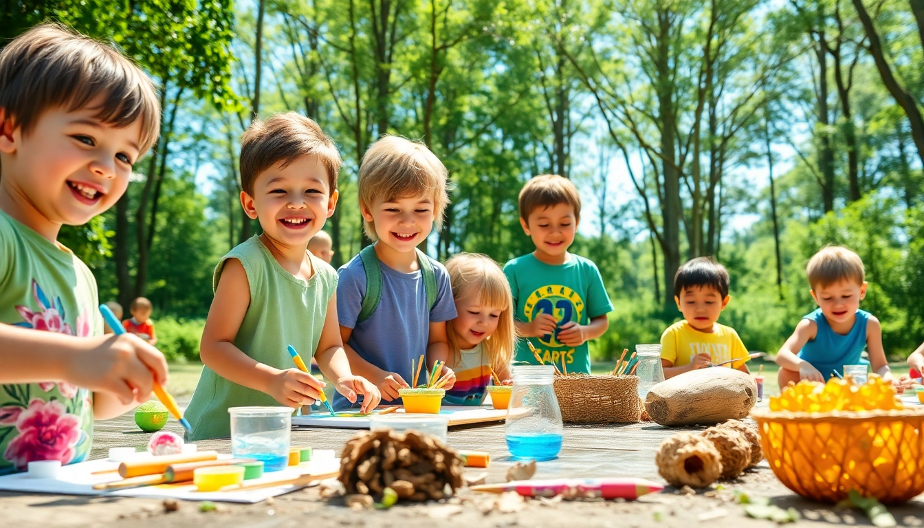 Children participating in a summer childrens camp with arts and nature activities.