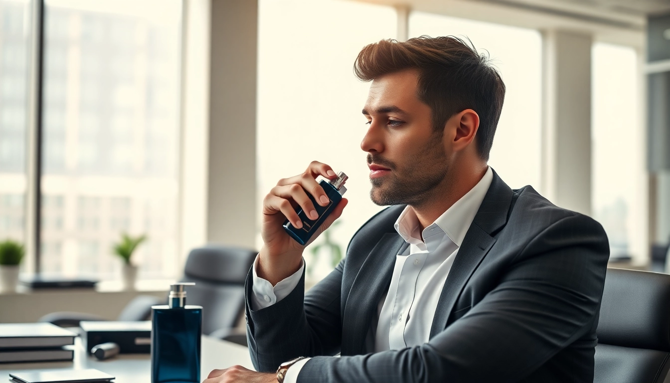 Should i wear cologne to work? Man confidently applying cologne in a bright office.