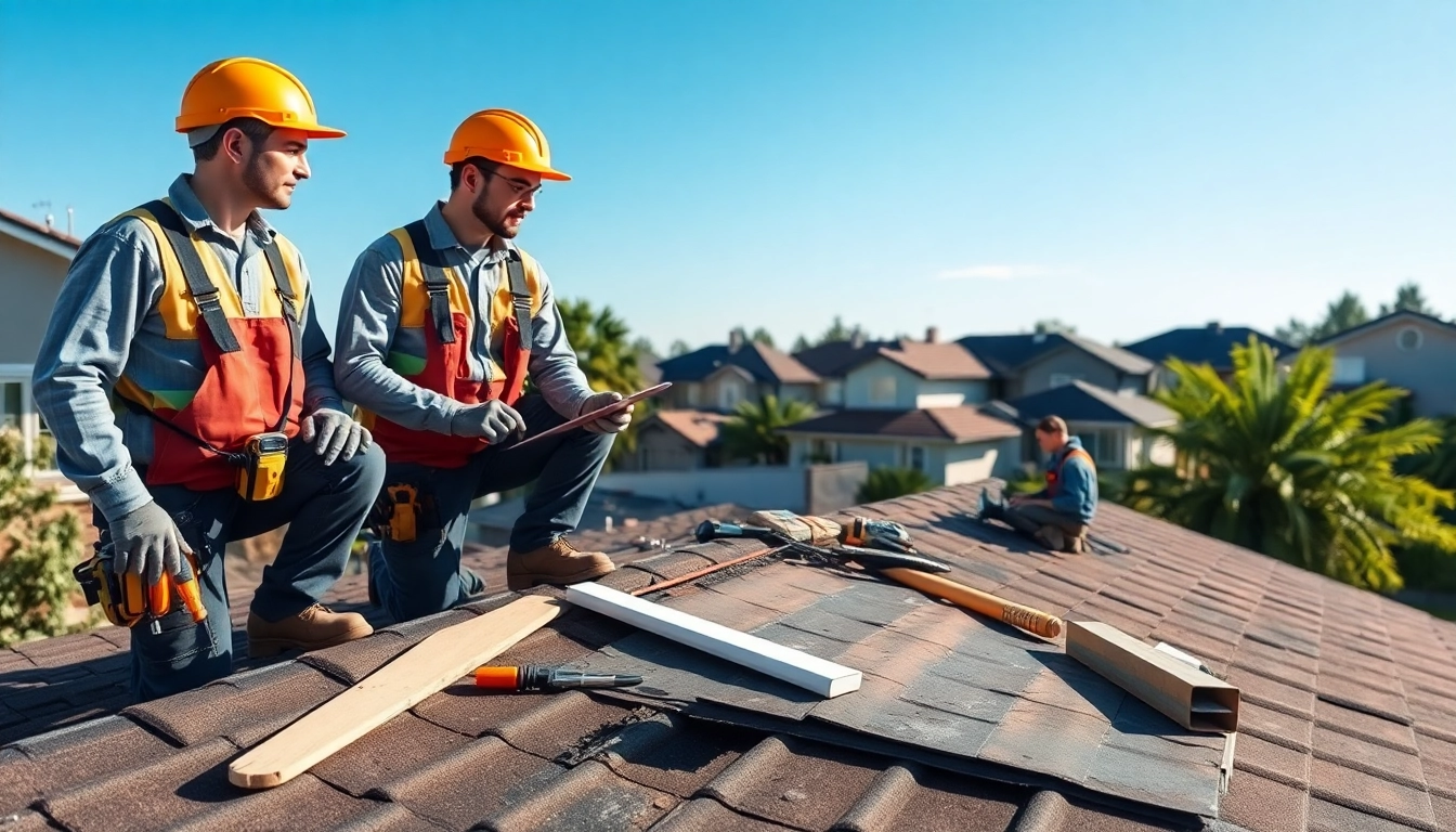 Roof repair contractors inspecting damage and discussing solutions with focused professionalism.