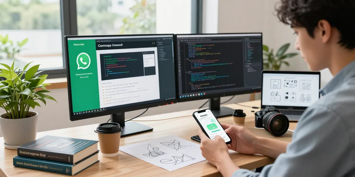 Testing WhatsApp下載 mobile app in a vibrant tech workspace with monitors and innovative decor.