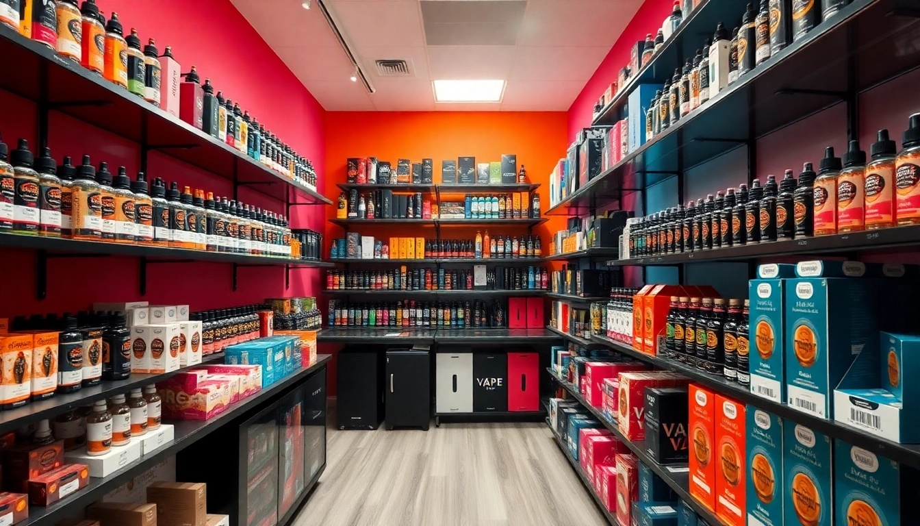 Vape Juice Depot displays a colorful variety of premium vape products in a well-lit shop.