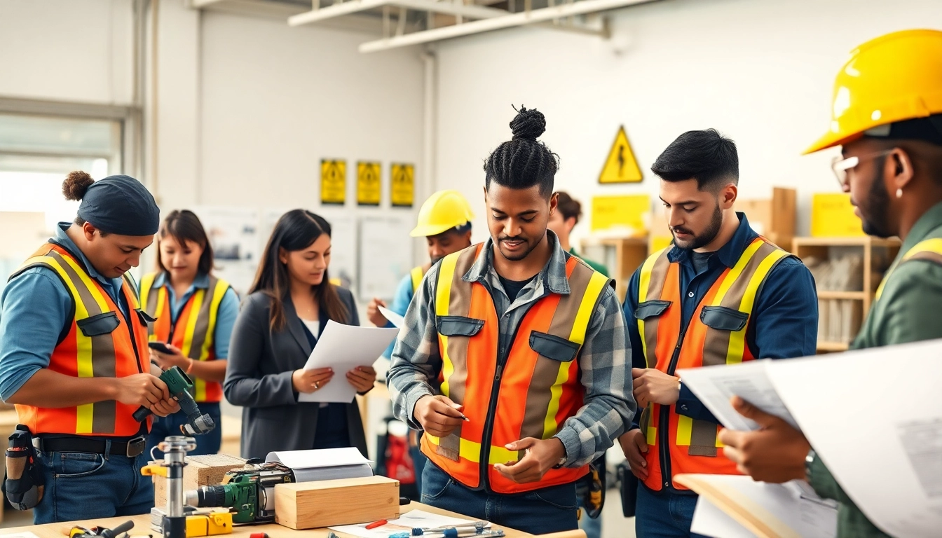 Engaged participants in construction training programs utilizing tools in a workshop setting.