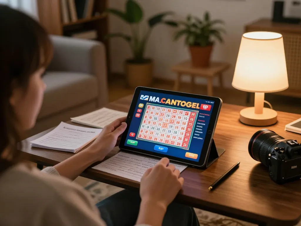 Player engaging with MACANTOGEL on a tablet while analyzing betting strategies in a cozy setting