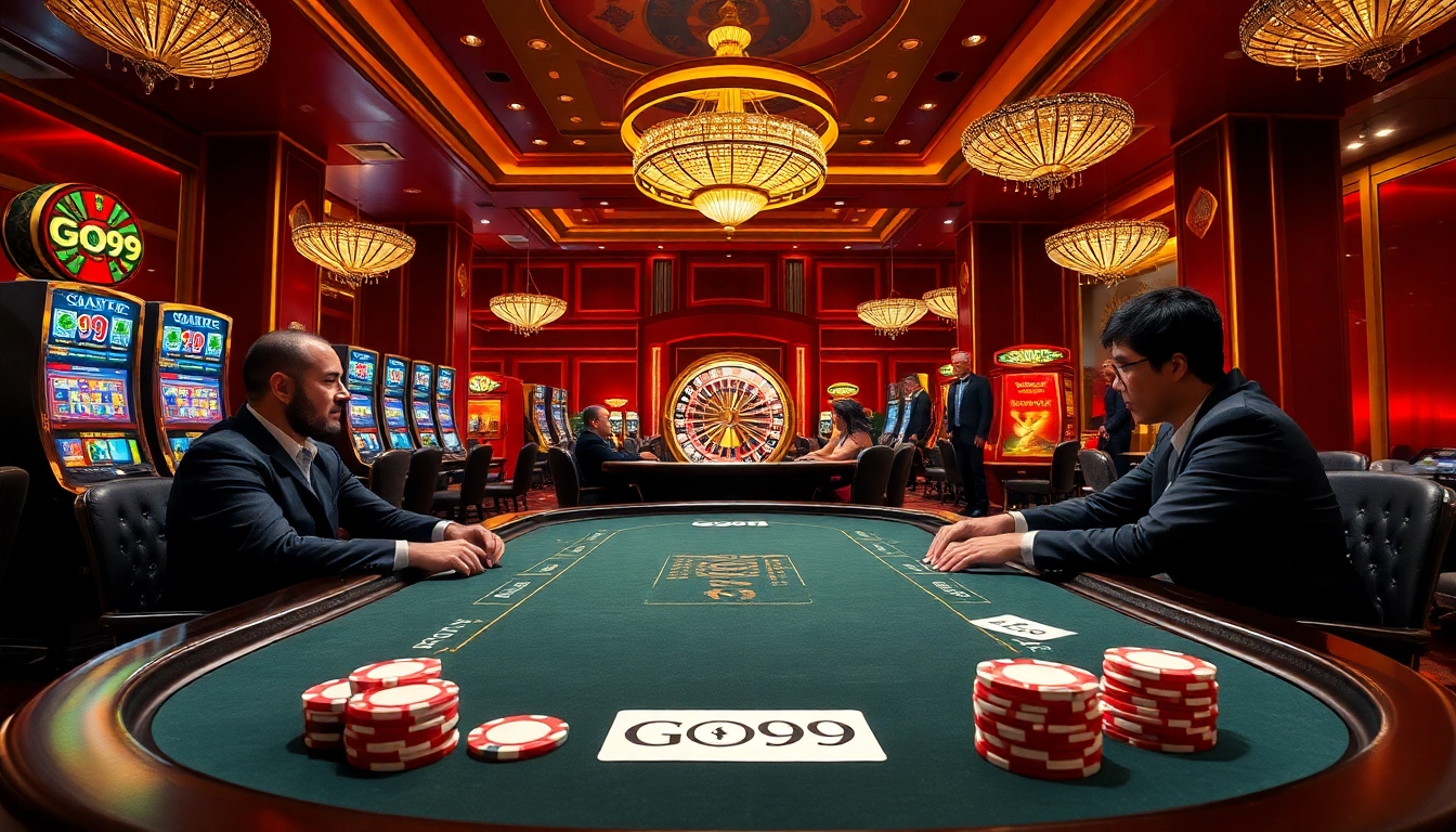 GO99 players strategizing at a luxurious poker table in a vibrant casino setting.