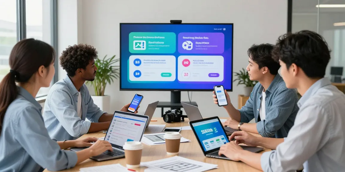 Compare business SIM only deals UK with professionals discussing mobile plans in a modern office.