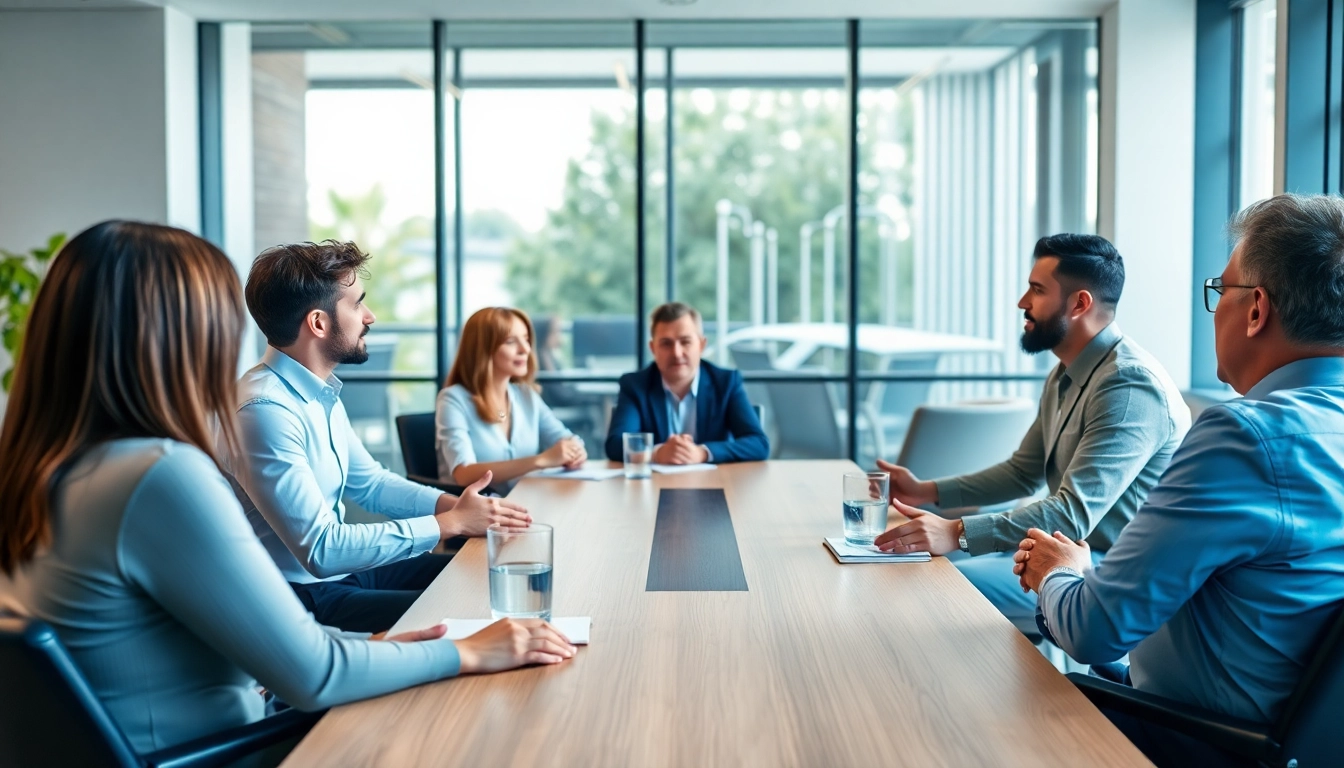 Mediation session showcasing diverse participants engaged in discussion at a modern conference table.