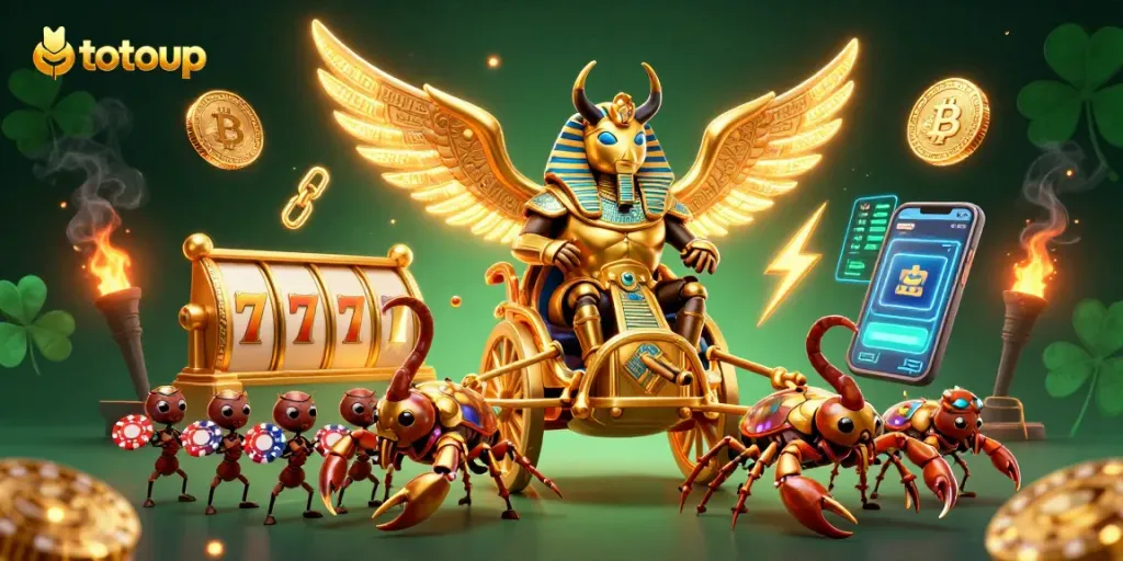 Play thrilling casino games with totoup, featuring a golden beetle and slot machines.