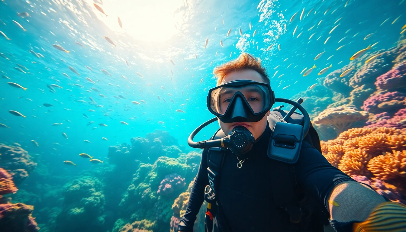 Tauchen in einem lebendigen Korallenriff mit einem professionellen Taucher und bunten Fischen.