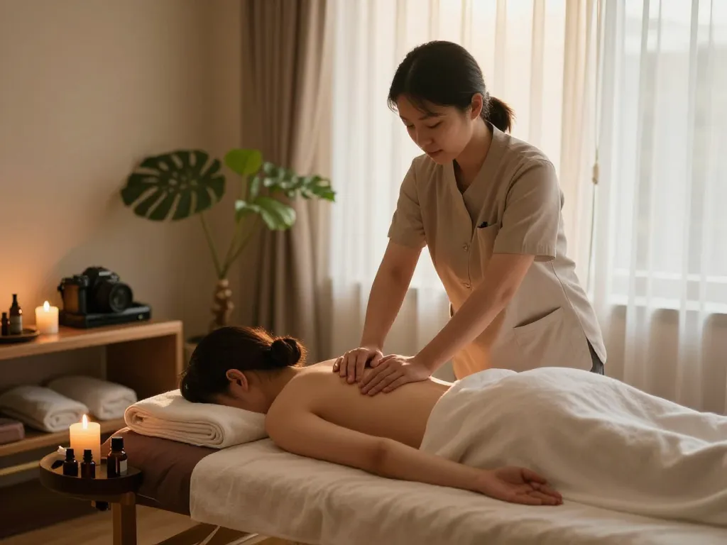 평화로운 방에서 스웨디시 마사지를 수행하는 치료사와 함께하는 편안한 치평동마사지 치료 장면.