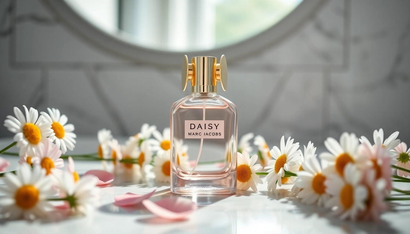 Capture the essence of marc jacobs daisy perfume with elegant floral decor against a marble background.