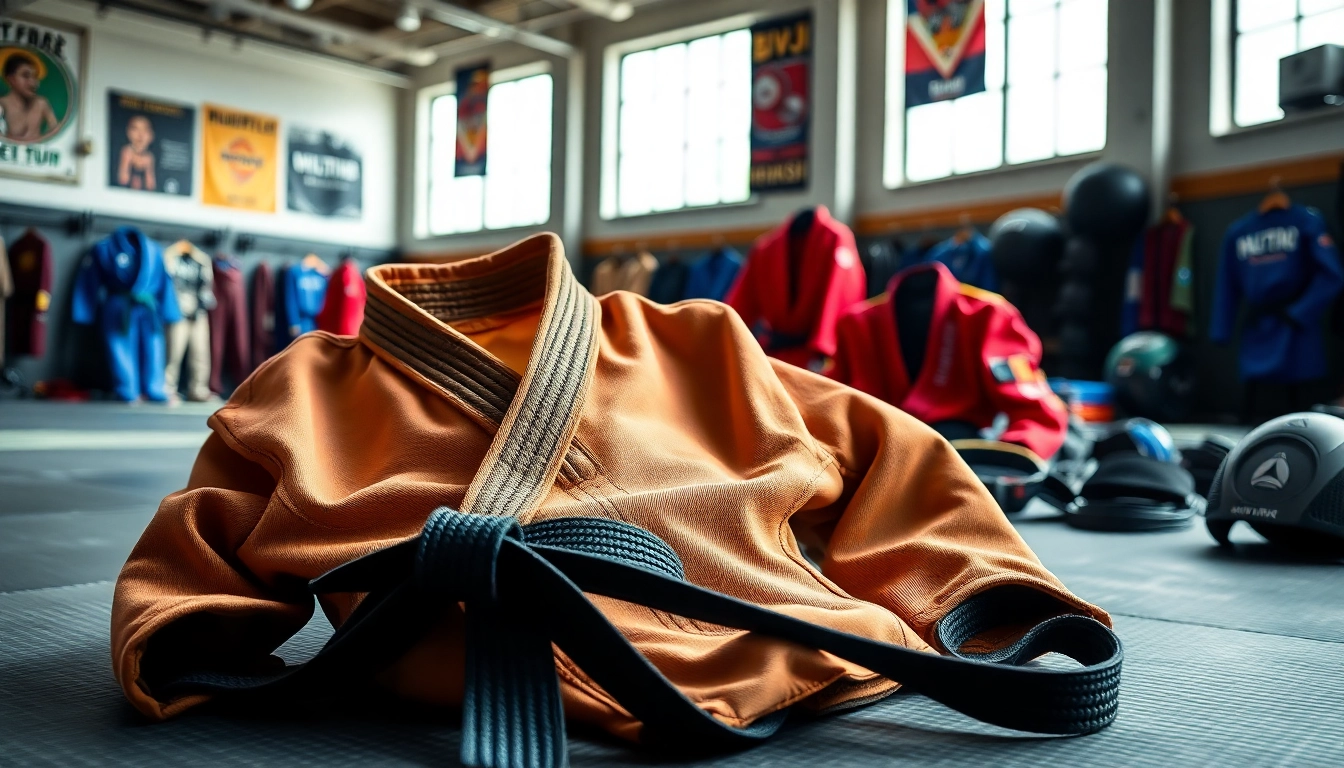 BJJ Gear featuring gis and belts on a gym mat in a bright training dojo.