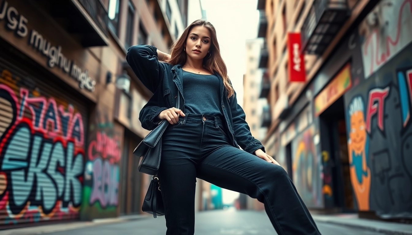 Stylish model confidently wearing black jeans women in a vibrant urban setting.