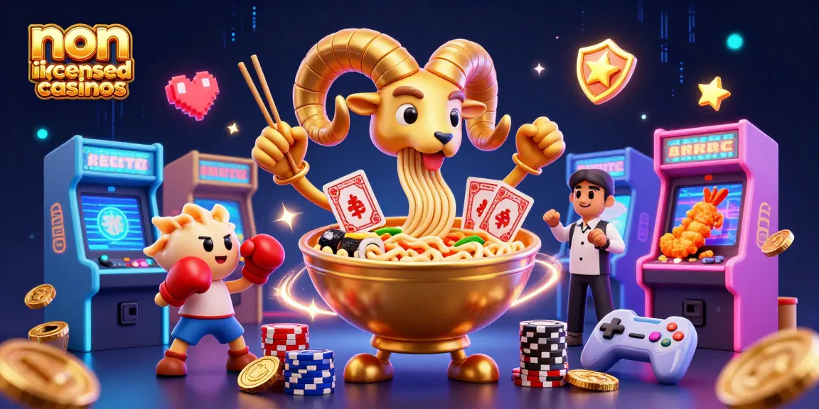 Engage with non uk licensed casinos in a vibrant 3D scene featuring a fun casino-themed ramen bowl character.