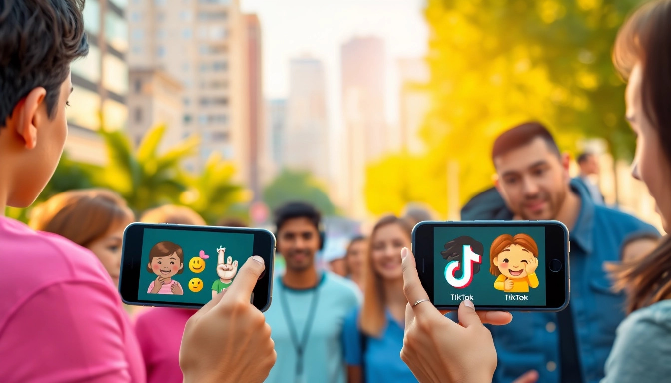 Engaging users with tiktok emojis on smartphones in a vibrant social media setting.