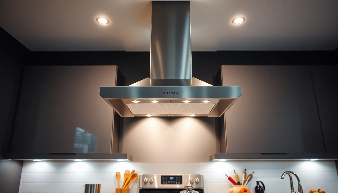 Showcasing exhaust hood installation in a stylish kitchen, featuring modern appliances.