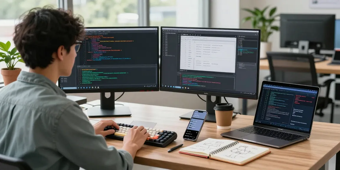Developer coding with dual monitors in a modern workspace while using 纸飞机中文版 for efficient communication.