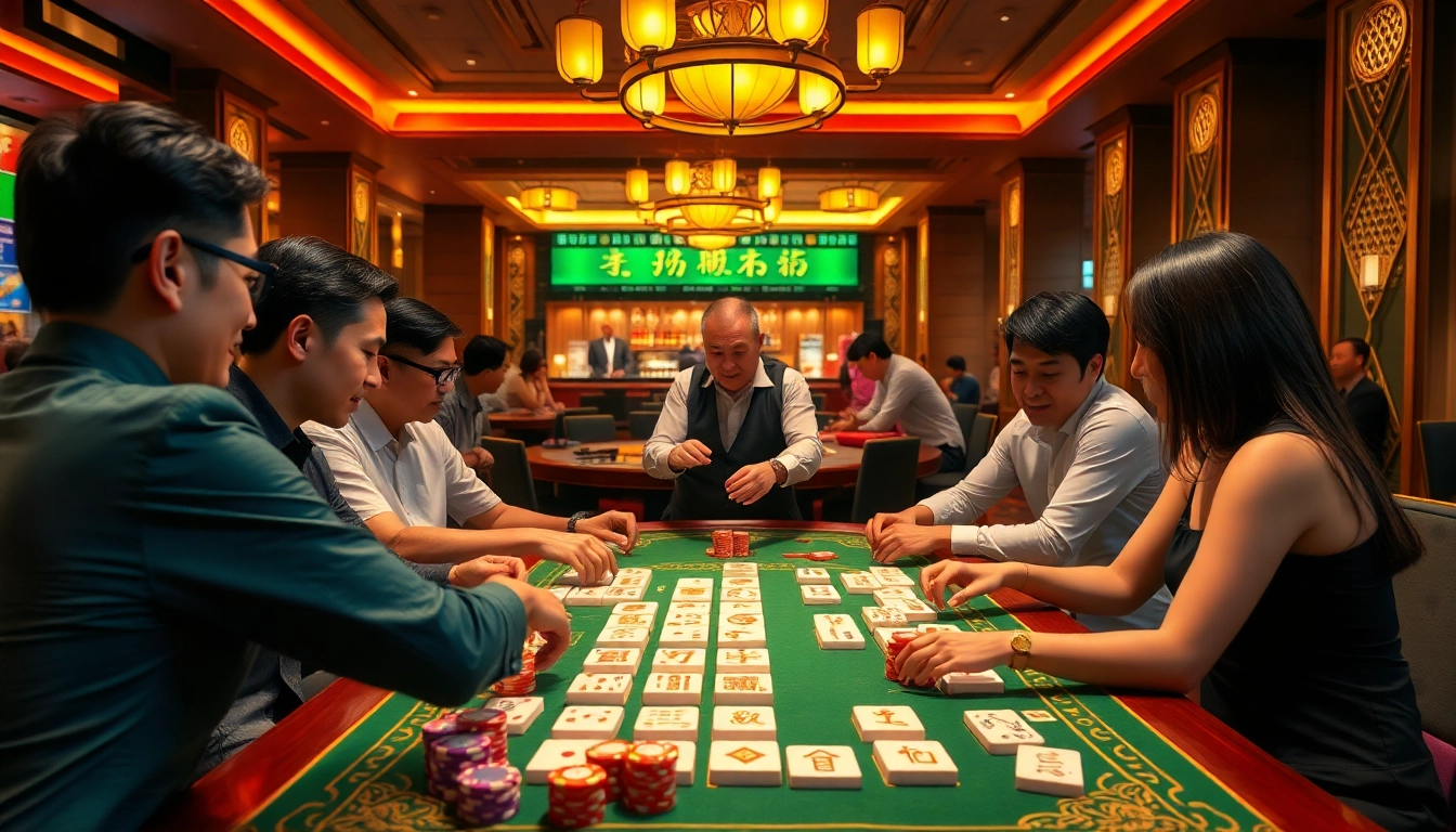 Players intensely engaged in a link mahjong game at a casino table, showcasing colorful tiles and betting excitement.
