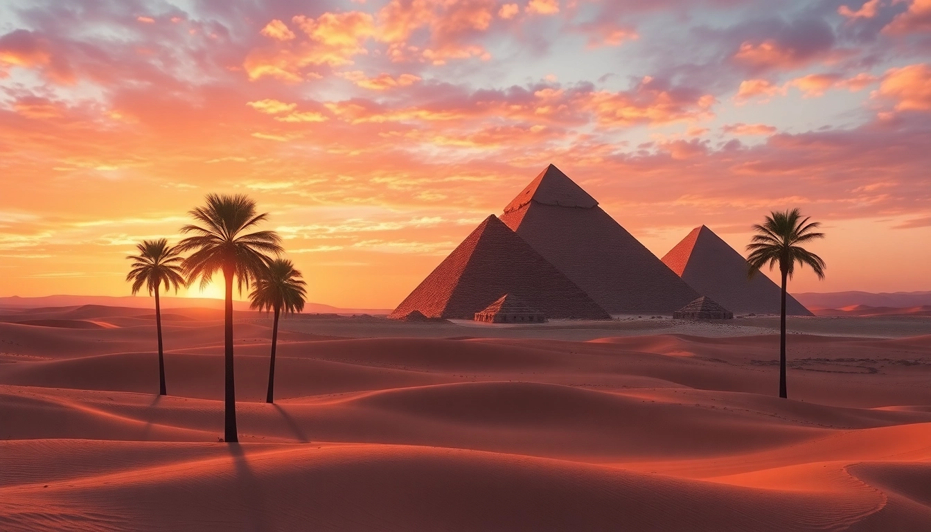 View of the Giza pyramids set against a sunset background, featuring intricate stone textures and dramatic lighting.