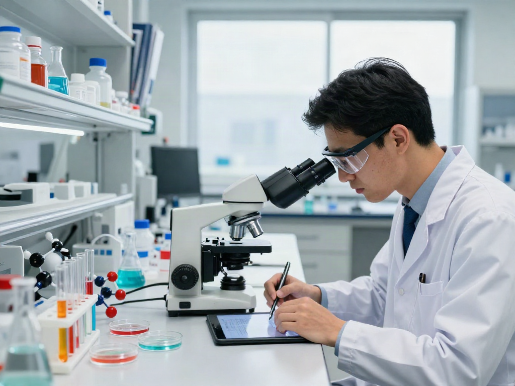 CJC-1295 research peptides being analyzed in a bright laboratory setting by a focused scientist.