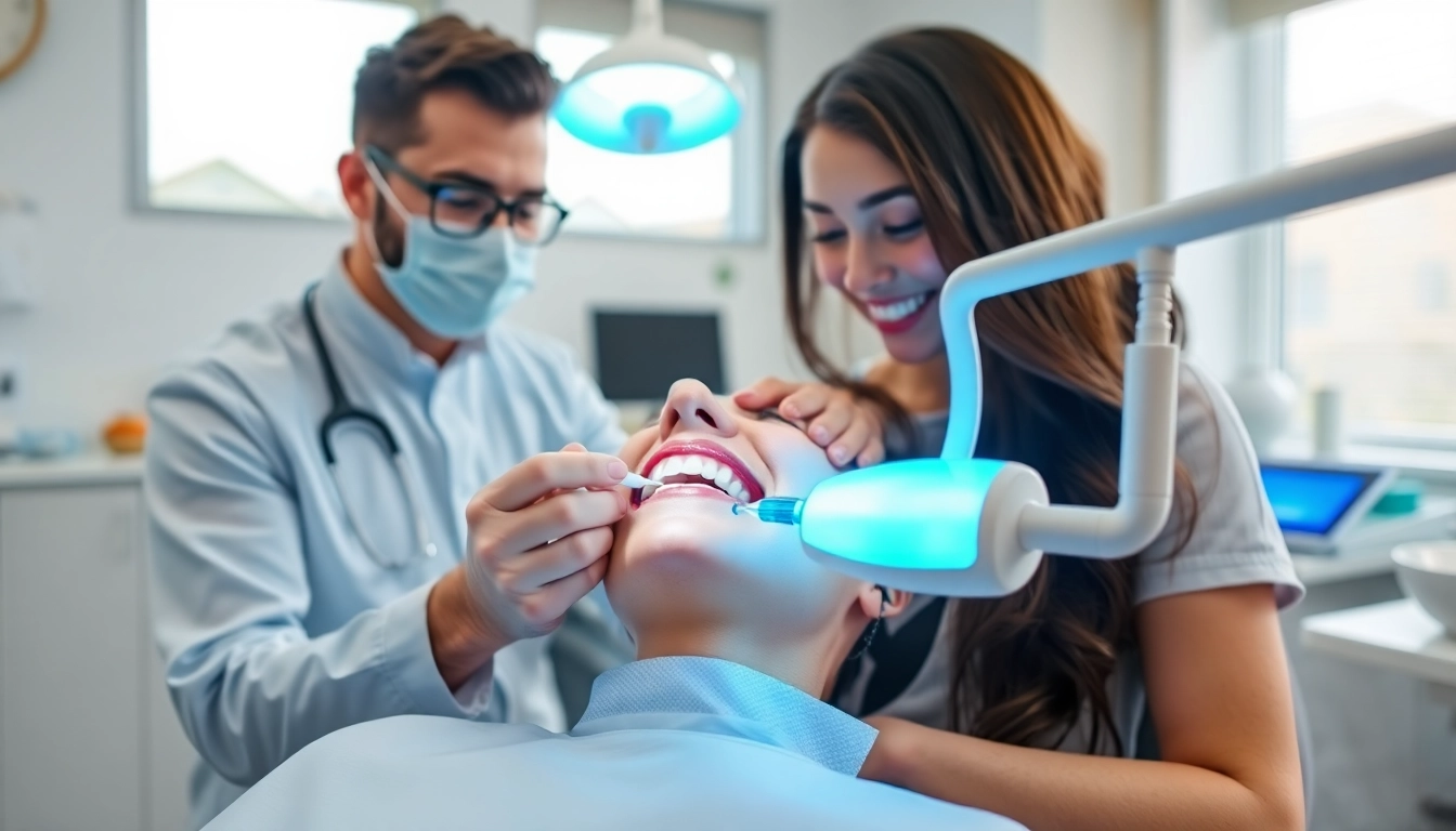 現代的な歯科医院で、親しみやすい歯科医師によるホワイトニング治療。