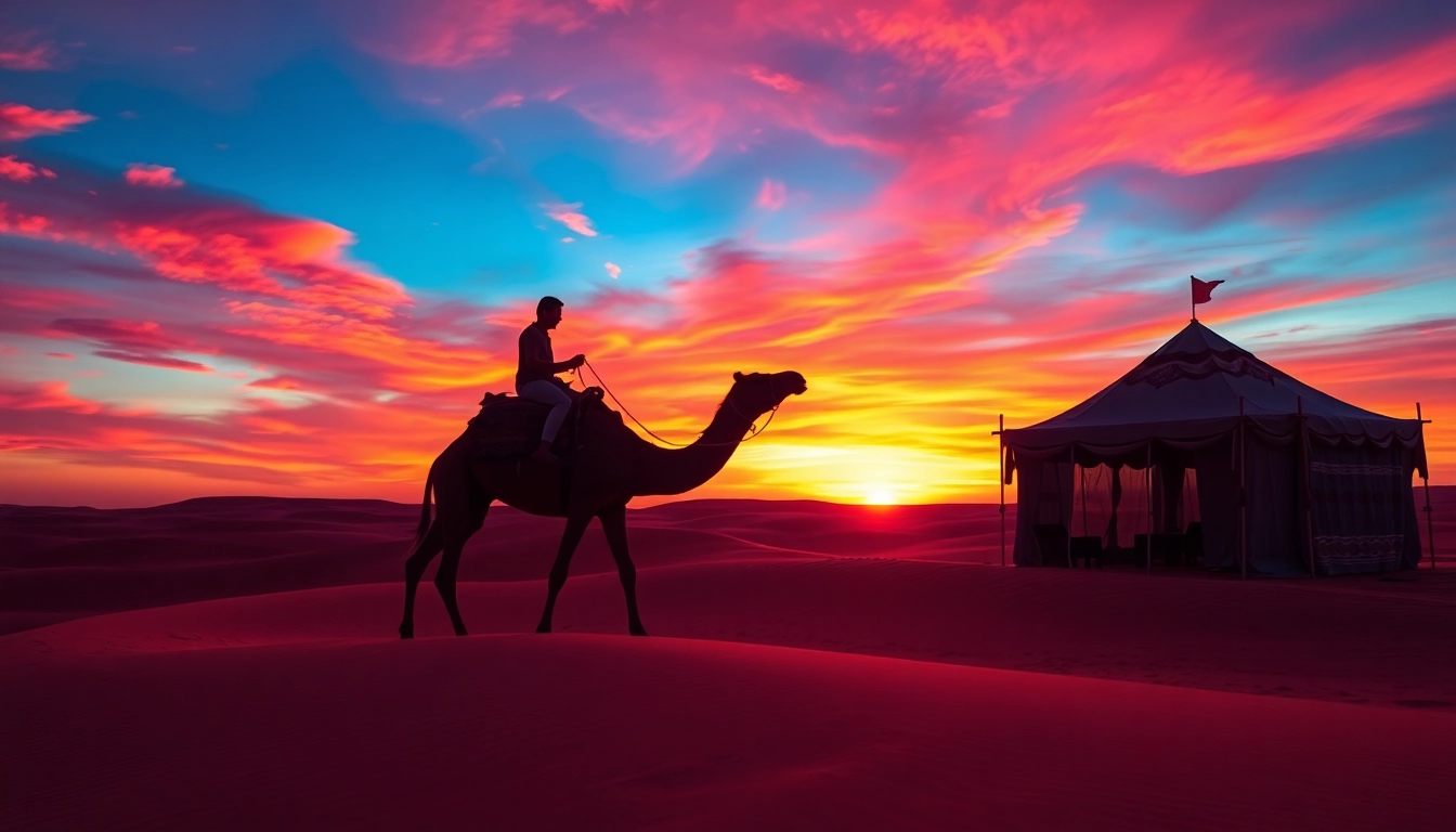 Agafay desert camel ride and dinner with a show at sunset, showcasing a tranquil desert landscape.
