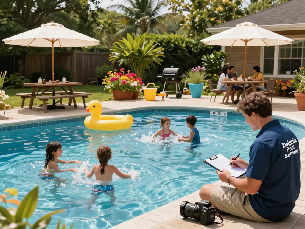 Dolphin Pool Services family enjoying their backyard pool with professional service in a sunny Virginia setting.