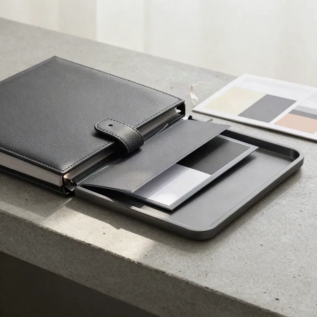 Binder with comparison folders and graphite tray on a concrete ledge in soft daylight