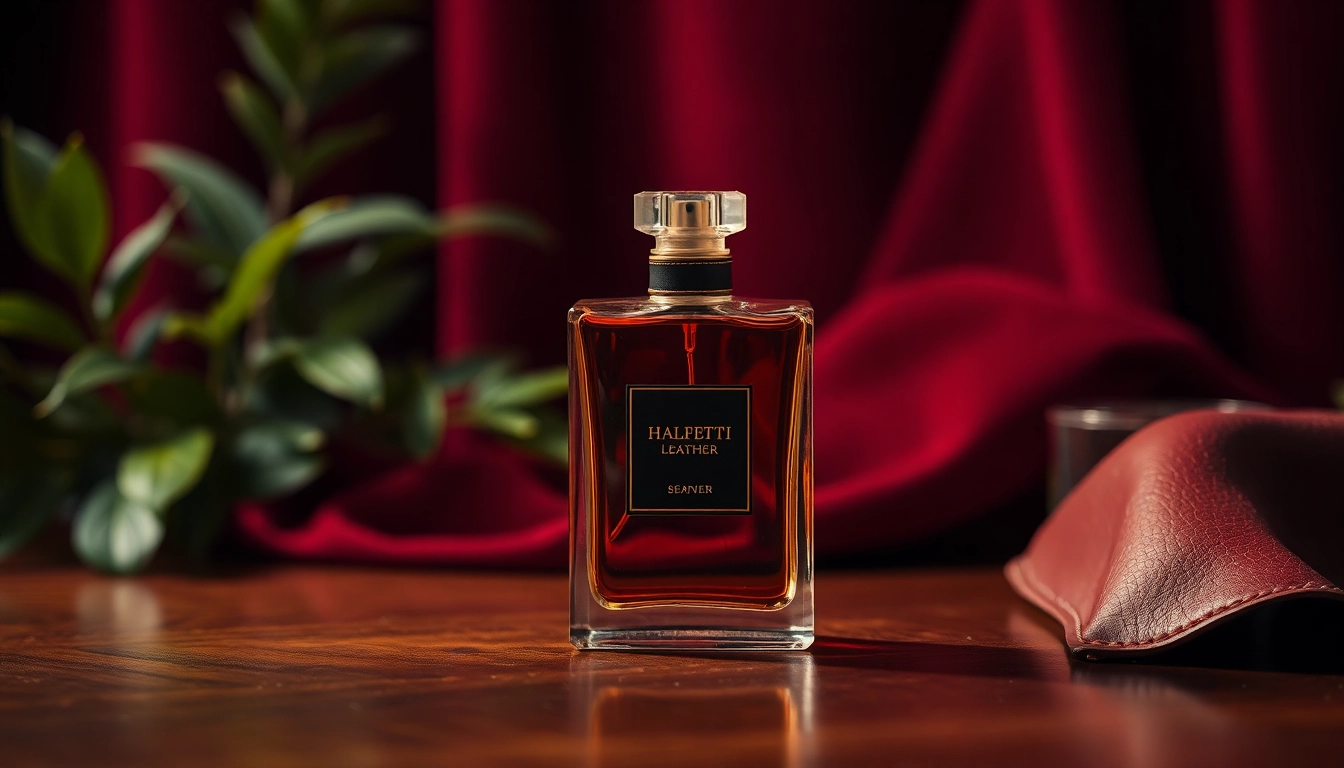 Captivating view of Halfeti Leather fragrance bottle surrounded by rich textures.