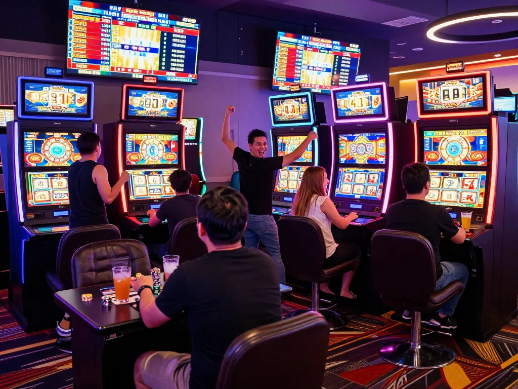 Rasakan kegembiraan permainan situs slot dengan pemain merayakan kemenangan dalam suasana kasino yang penuh warna.