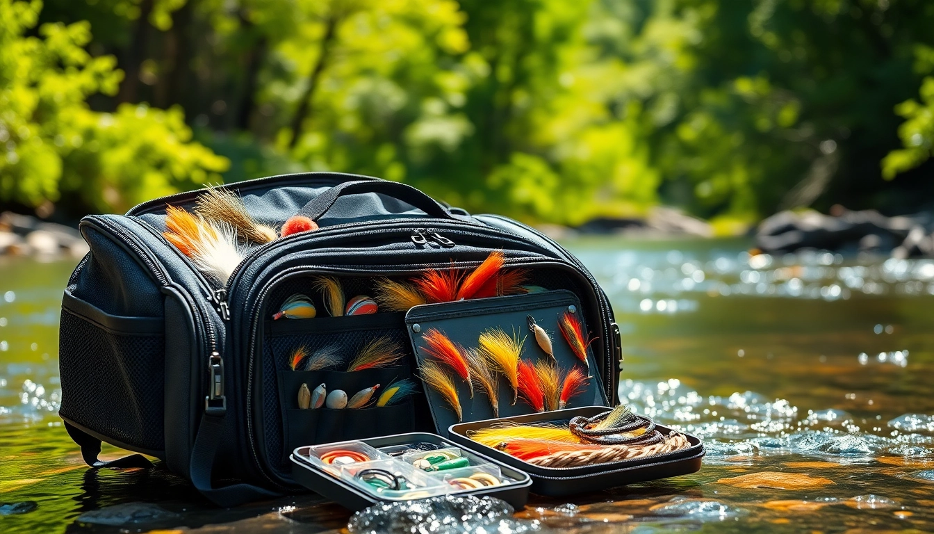 Showcasing a rugged fly fishing bag with organized gear, perfect for outdoor adventures.