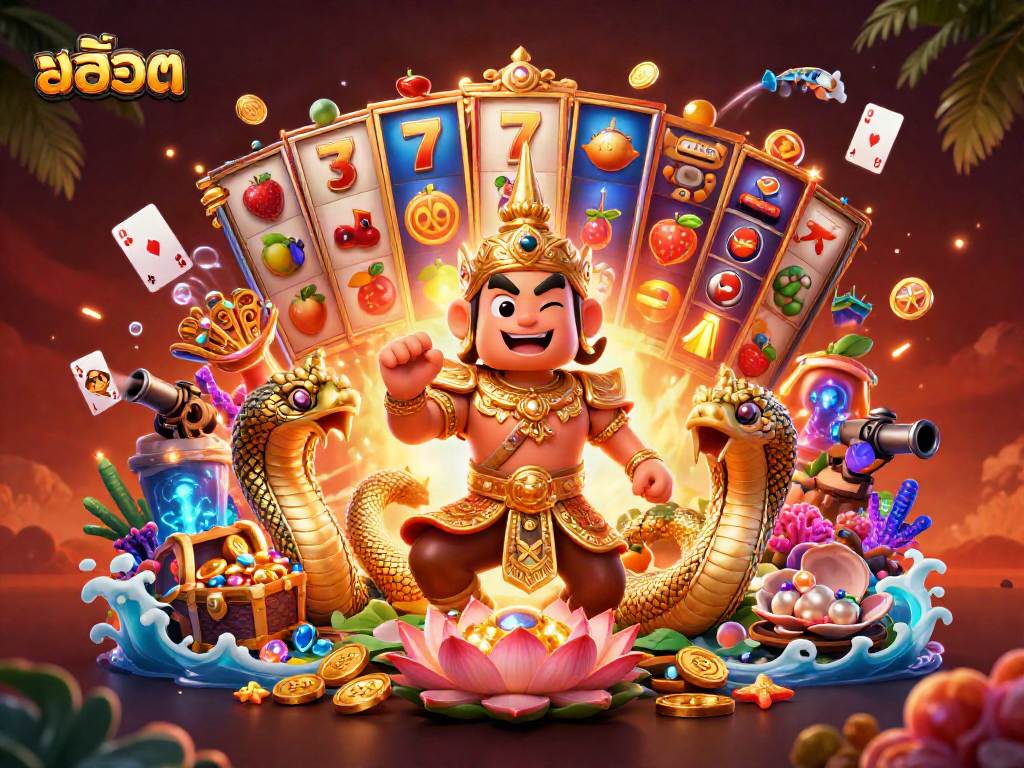 Spin the slots with สล็อต in a vibrant casino scene featuring golden guardians and treasures.