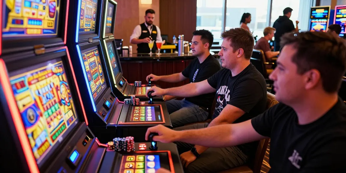 Exciting casino scene featuring players engaged with kamboja slot machines, colorful lights, and an energetic atmosphere