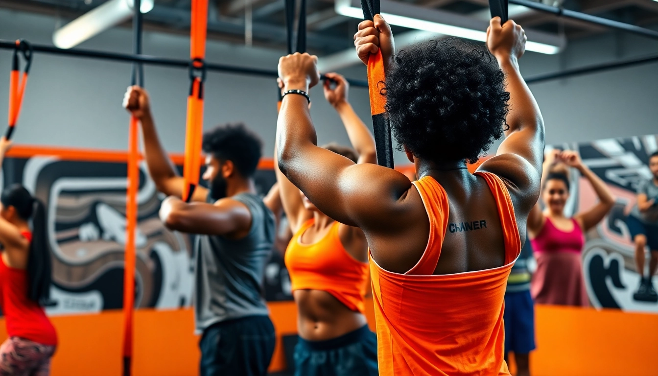 Dynamic scene of fitness enthusiasts using pull-up assist bands in a gym.