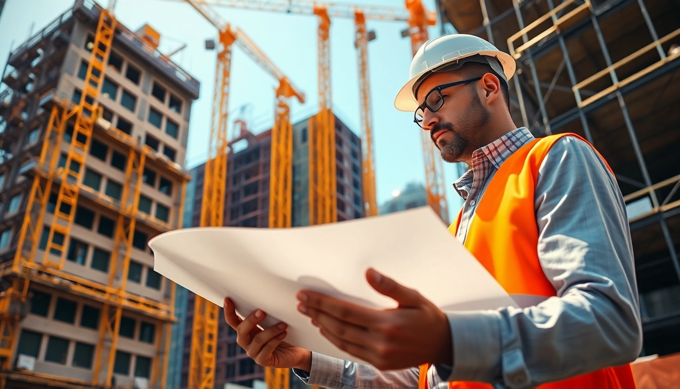New York Construction Manager reviewing plans on-site at a bustling construction area.
