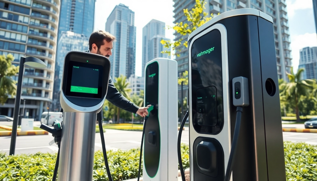 Detailing a commercial EV charger installation process in an urban environment, reflecting modernity and sustainability.