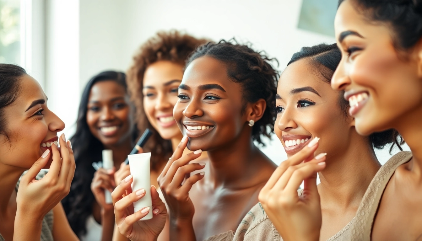 Women applying cc cream for oily skin, showcasing diverse skin tones and textures in a bright, friendly setting.