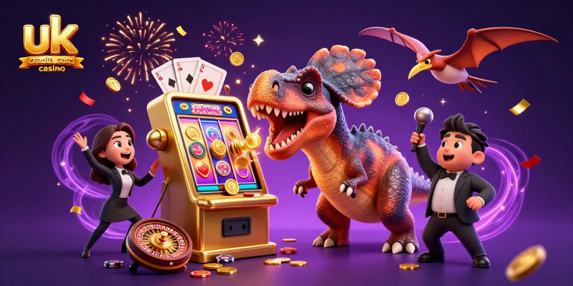 Win big at uk credit card casino: a vivid 3D scene with animated dinosaurs and jackpot coins.