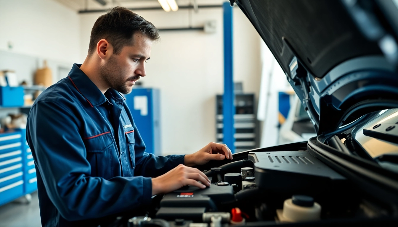 Bumper to bumper extended warranty benefits depicted in a professional garage with a technician inspecting a vehicle.