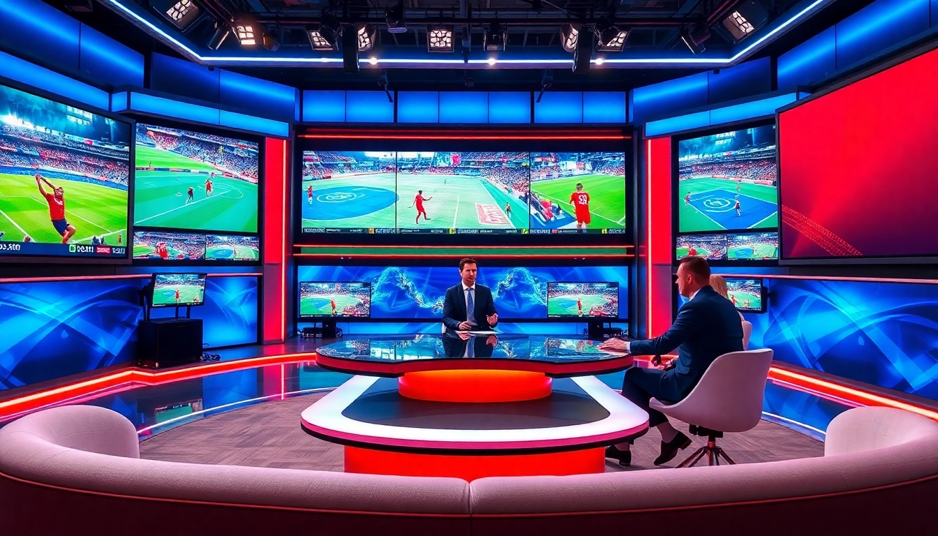 Sports Broadcasting studio with presenters and live game displays, capturing vibrant action.