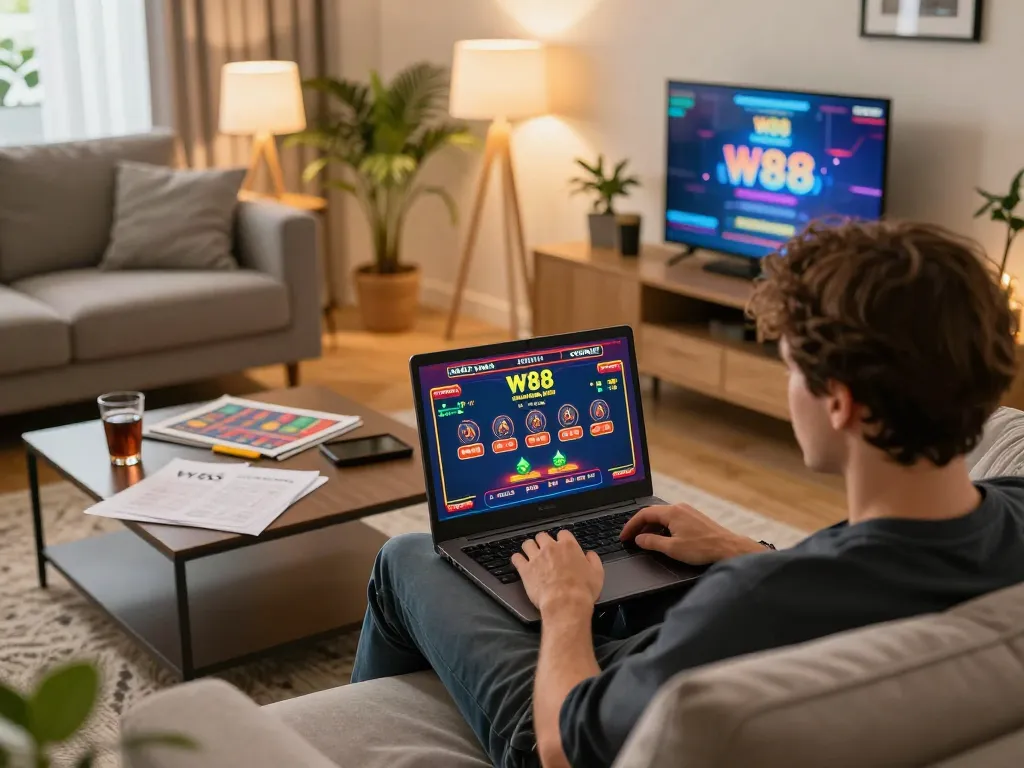 Player engaging in W88 online casino game from home with vibrant atmosphere, showcasing betting strategy