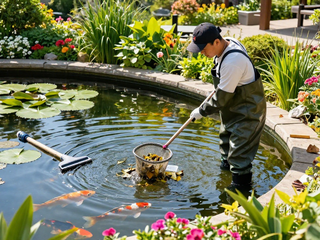 Pond Cleaning Surrey expert removing debris from a vibrant garden pond, showcasing pond care tools and clear water.
