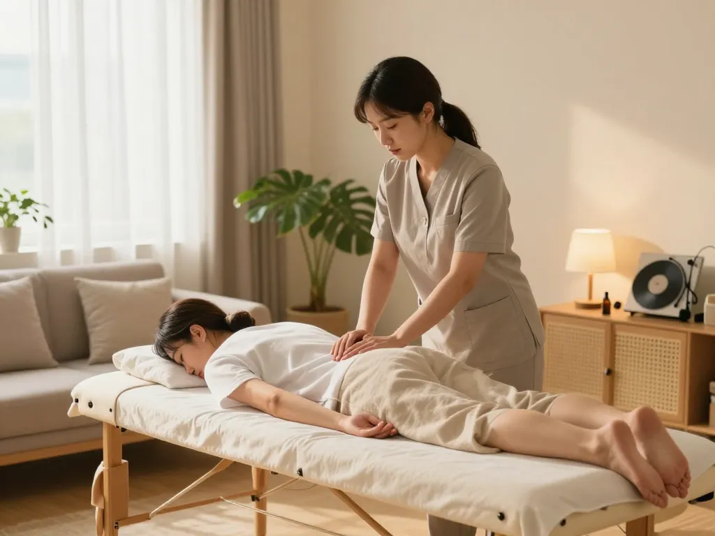 Professional 부천 출장마사지 session at home, creating a soothing wellness atmosphere.