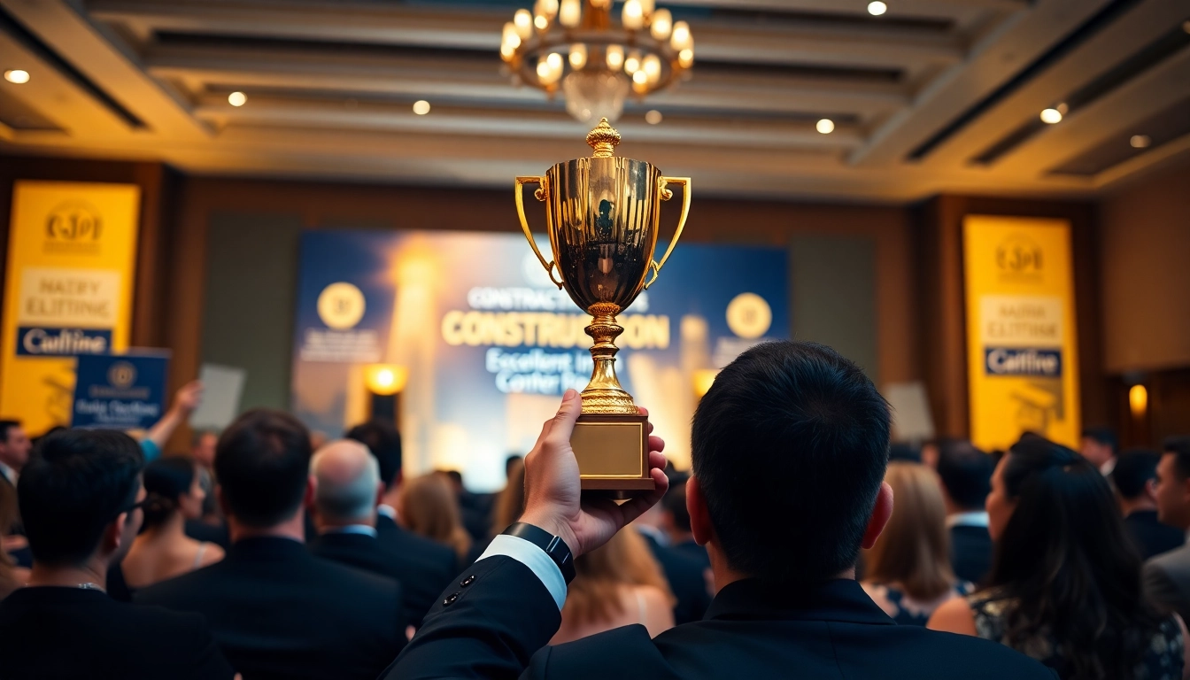 Celebrating Construction awards with a golden trophy at an elegant ceremony.