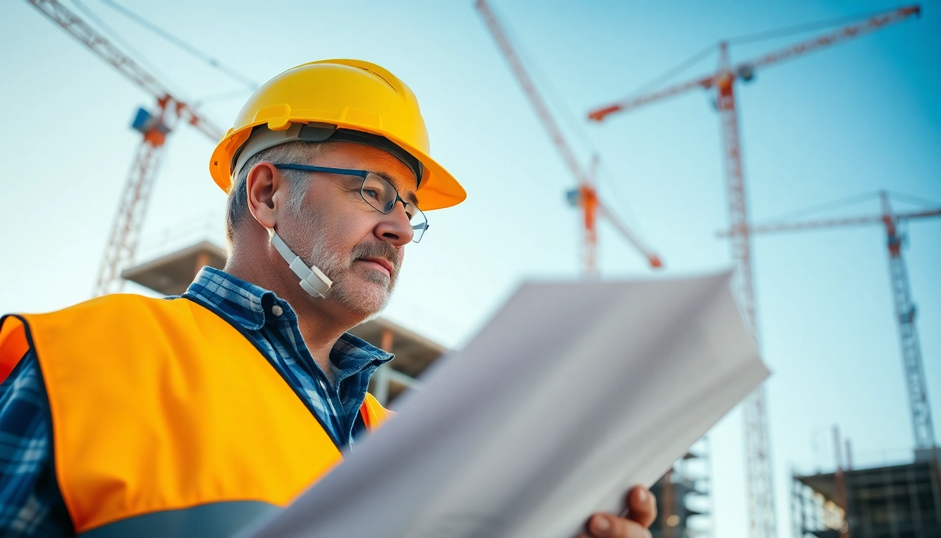 New York Commercial General Contractor evaluates blueprints at a bustling construction site.
