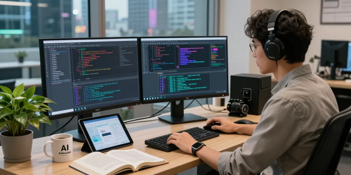 AI developer coding at dual monitors with crush ai visuals in a modern workspace