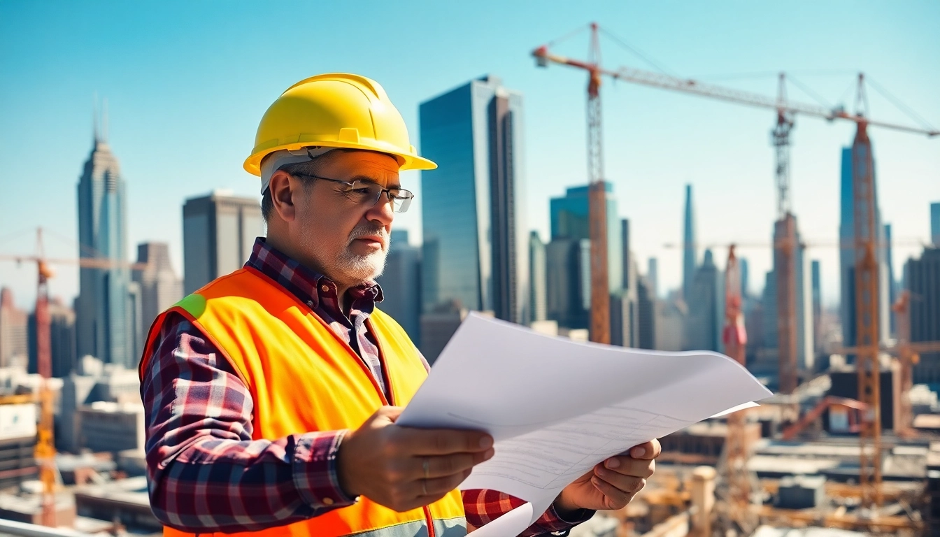 Manhattan Construction Manager assessing urban project plans amidst a busy skyline.