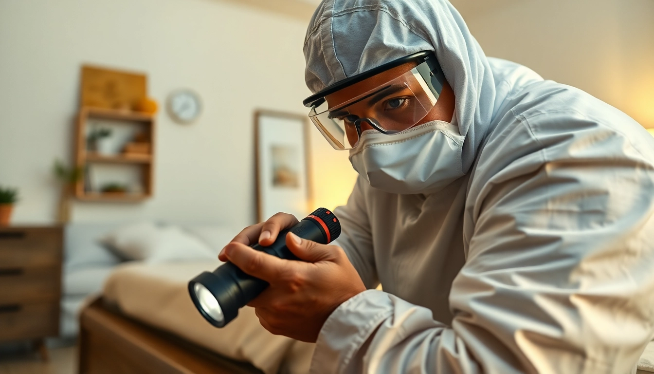 Exterminator performing bed bug pest control treatment in a bedroom with focused approach.
