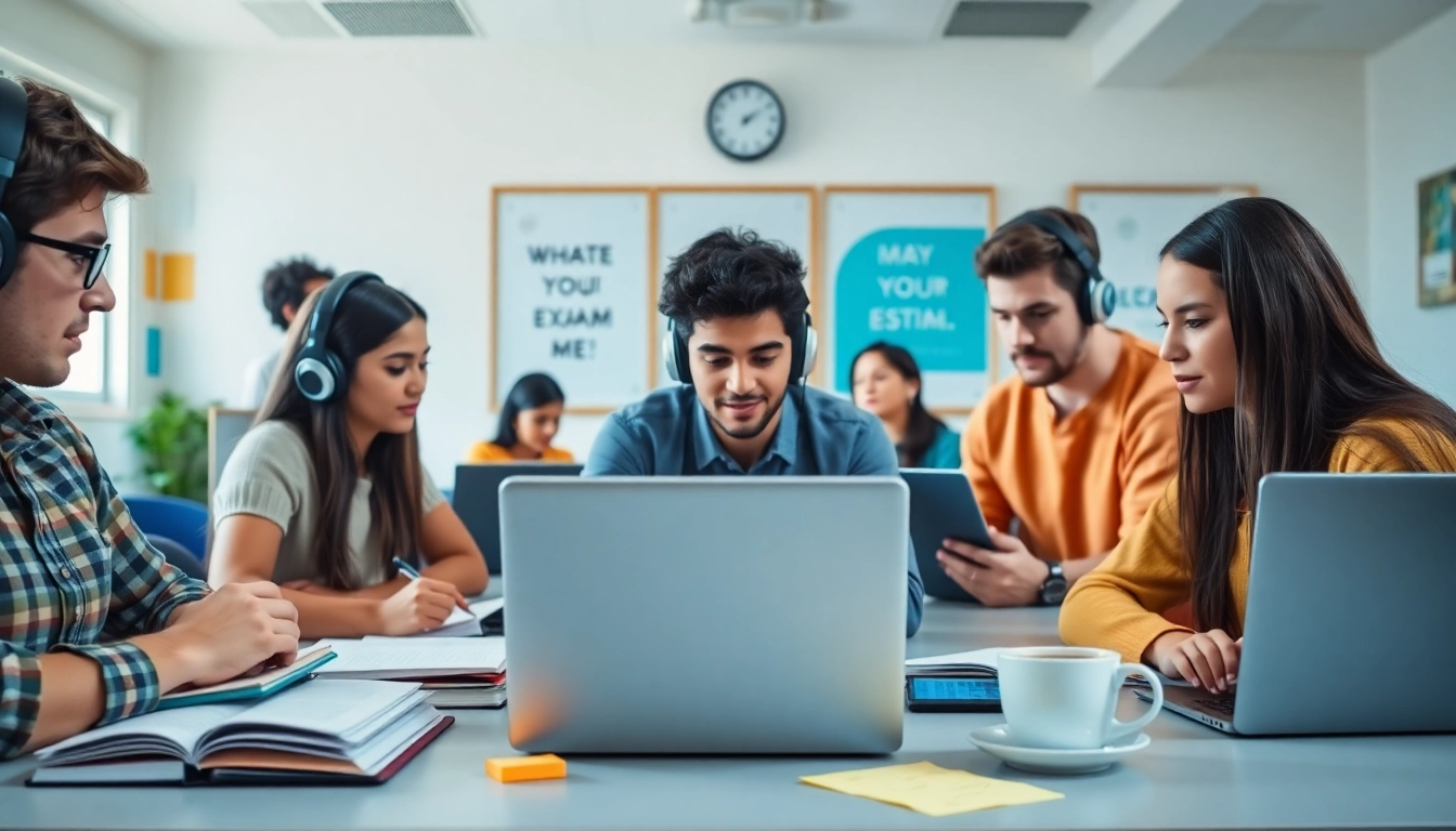Students studying in a bright virtual classroom, showcasing remote exam help strategies effectively.